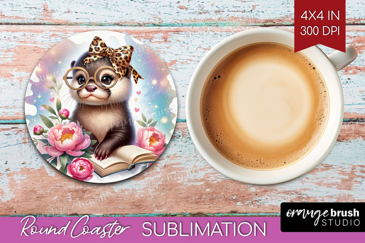 Otter Reading Round Coaster Book Lover Coaster PNG