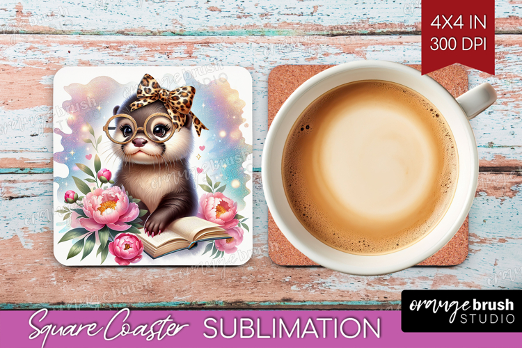 Otter Reading Square Coaster Book Lover Coaster PNG