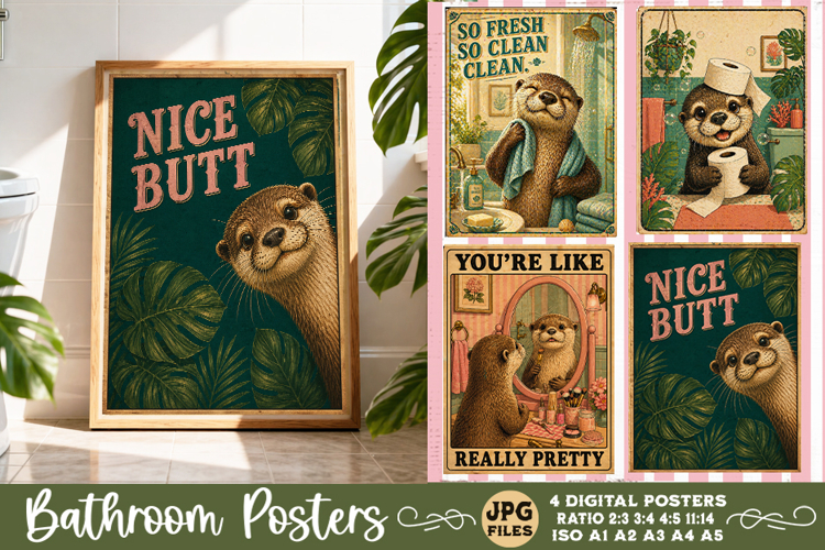 Bathroom funny animals posters, Retro 4 Posters JPG Bathroom