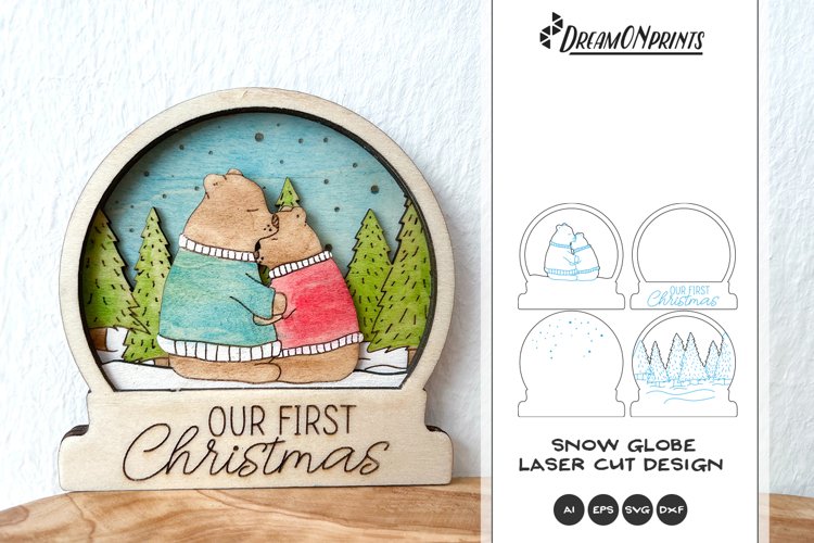 Snow globe laser cut design with 2 bears great for Christmas decor or gift for newly weds