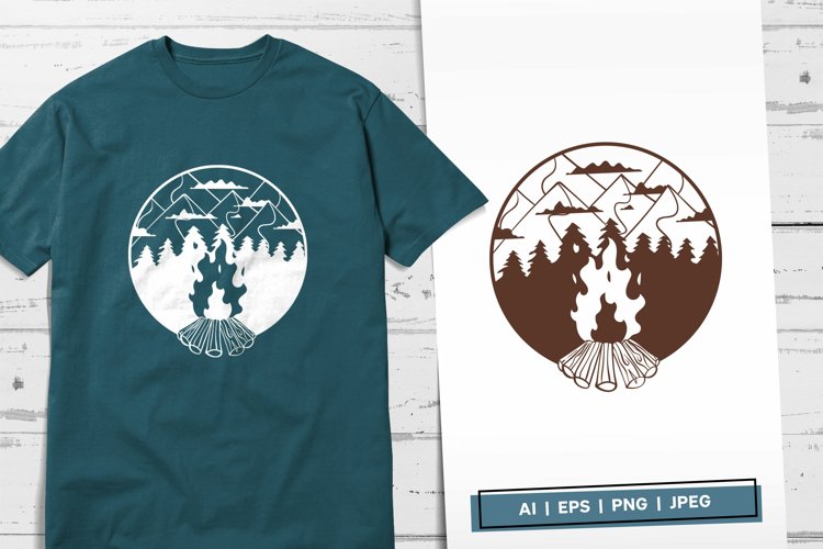 Round Shape with Bonfire and Beautiful Mountain Forest Scene