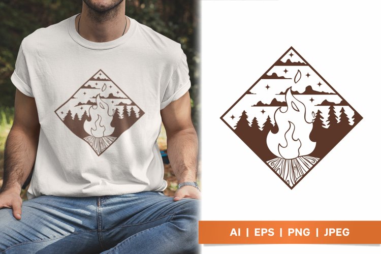Pine Forest Scene with Campfire in Rhombus Shape Design