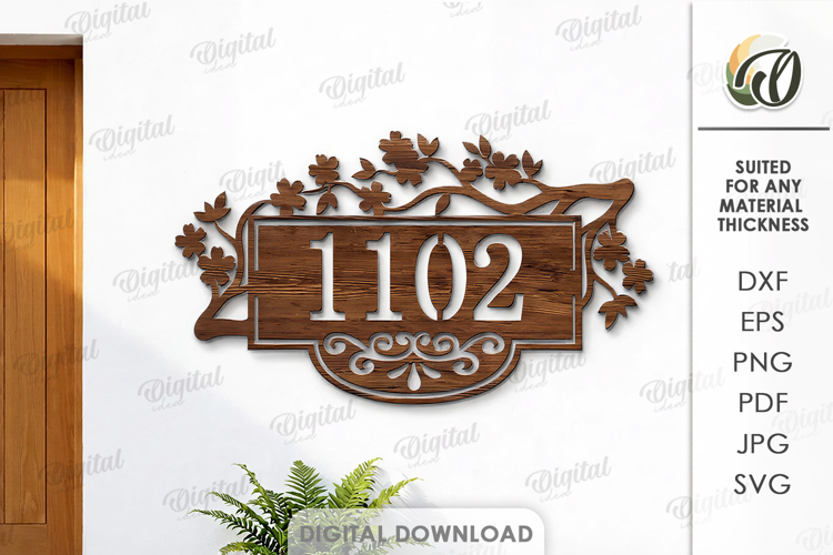 House number sign Laser cut. Street name plaque SVG. Floral