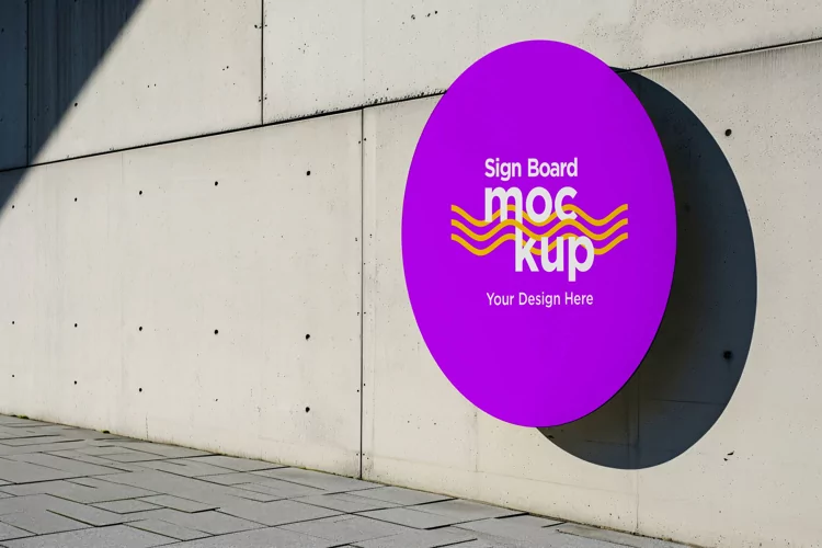 rounded Sign Board Mockup on Building Wall