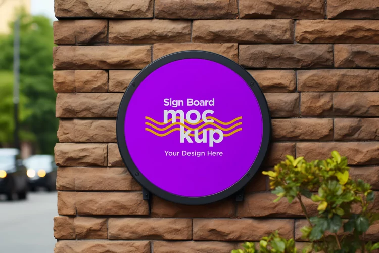 rounded Sign Board Mockup on Building Wall