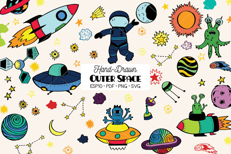 Outer Space Color | Hand Drawn Planet, Astronaut, Alien, UFO