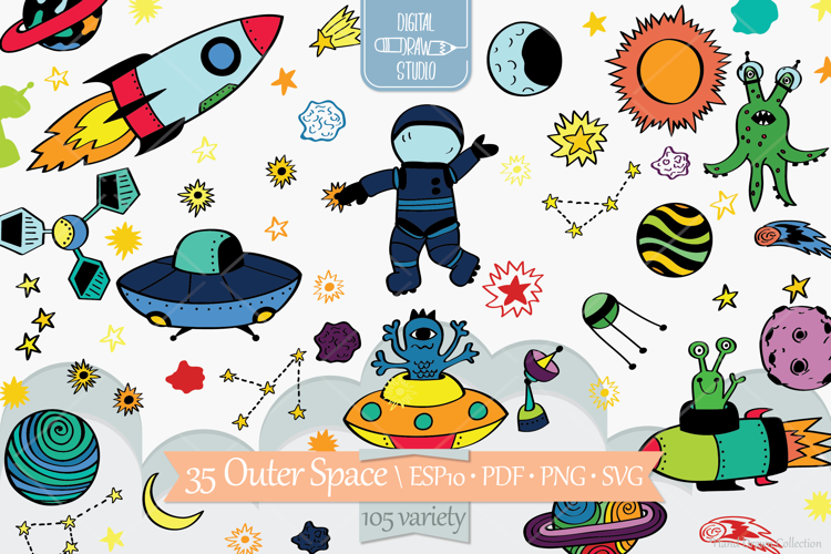 Outer Space Color | Hand Drawn Planet, Astronaut, Alien, UFO