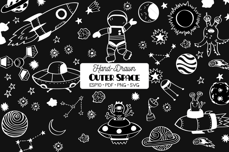 Outer Space White | Hand Drawn Planet, Astronaut, Alien, UFO