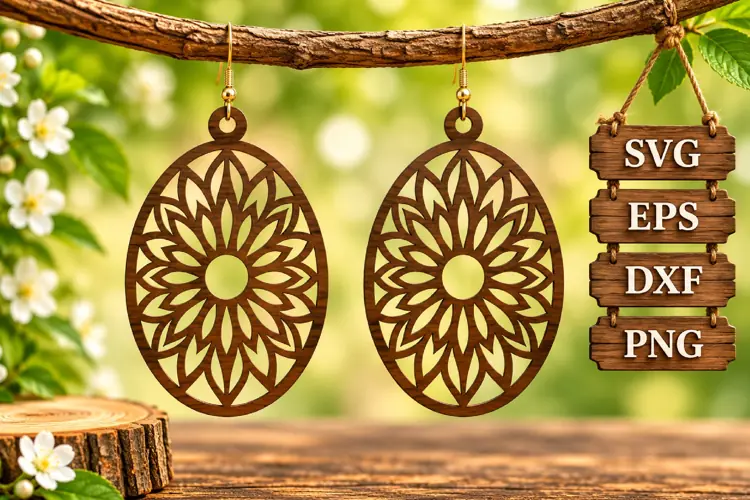 Oval Sunflower Earring Wood Laser SVG File