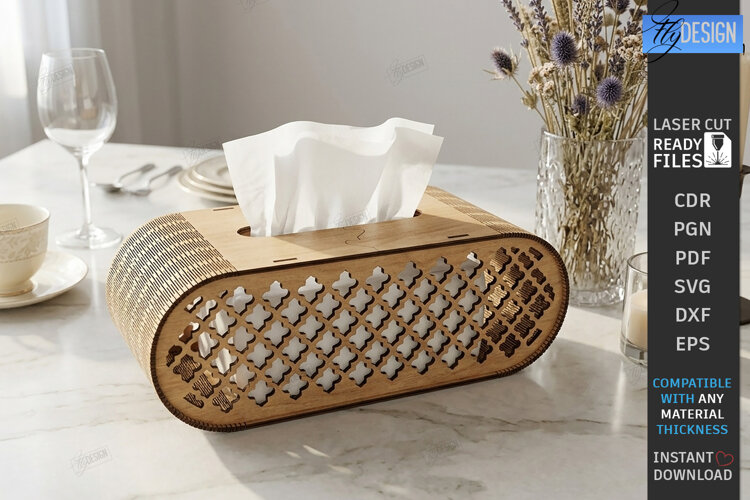 Oval Wooden Tissue Box Cover Laser Cut | Floral Pattern SVG example image 1