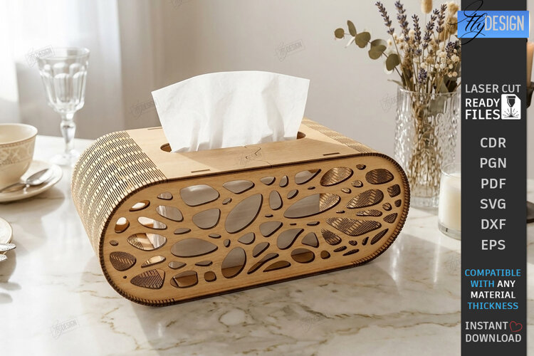 Oval Wooden Tissue Box Cover Laser Cut | Floral Pattern SVG example image 1