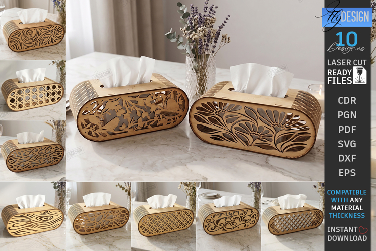 Oval Wooden Tissue Box Cover Laser Cut Bundle | Floral SVG