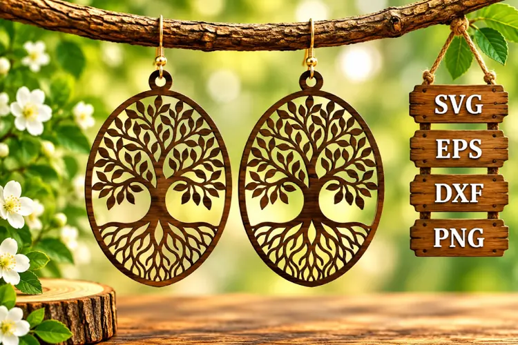 Oval Tree of Life Earring Wood Laser SVG