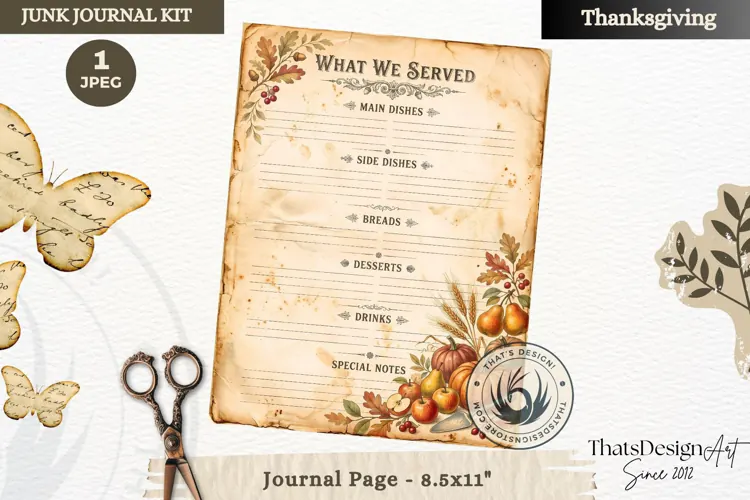 Vintage Thanksgiving Recipes Junk Journal page Scrapbooking