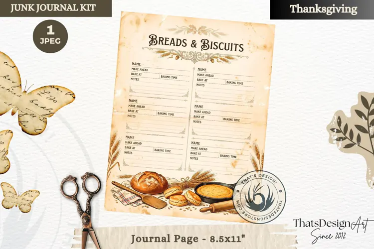 Vintage Thanksgiving Recipes Junk Journal page Scrapbooking