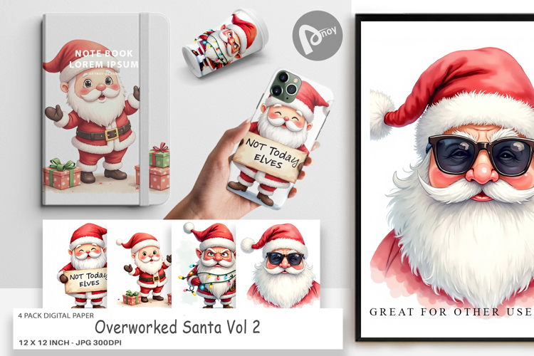 Digital Paper Watercolor Overworked Santa