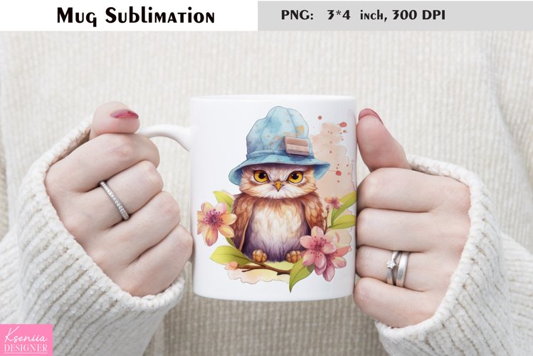 Watercolor Owl Wearing Big Blue Hat|Flower Mug Sublimation