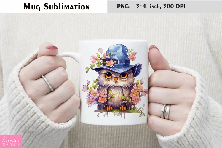 Watercolor Owl Wearing Big Hat|Pink Flower Mug Sublimation