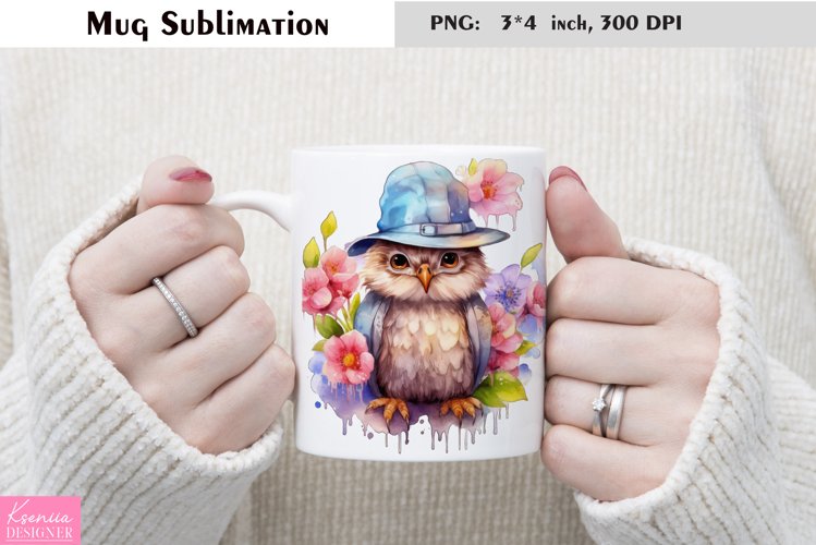 Watercolor Owl and Wild Flowers|Flower Mug Sublimation example image 1