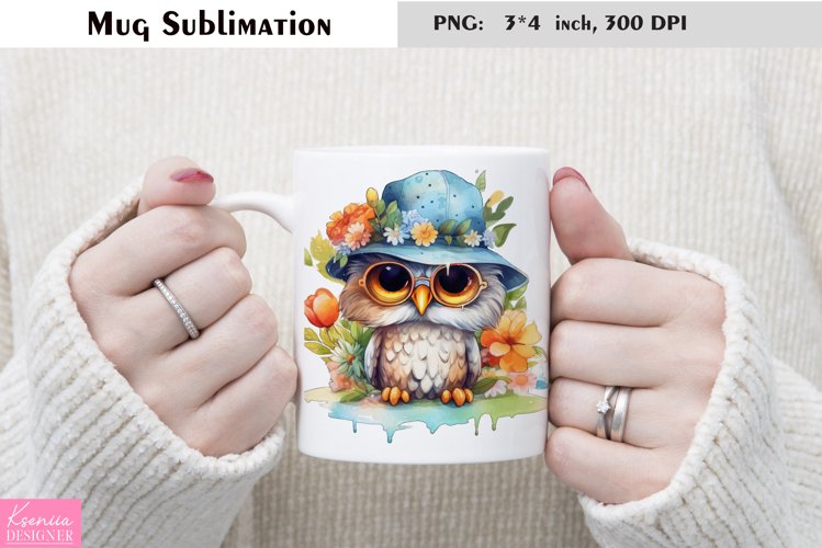 Watercolor Owl Wearing Sunglusses|Flower Mug Sublimation