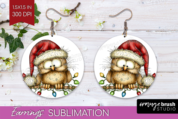 Owl Tangled In Christmas Lights Round Earrings Funny Xmas