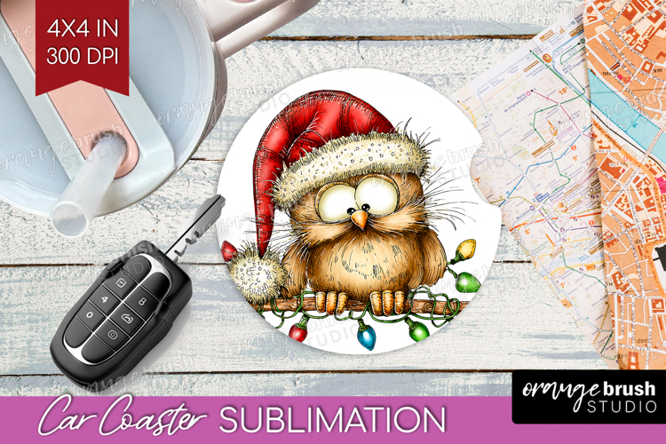 Owl Tangled In Christmas Lights Car Coaster Funny Xmas