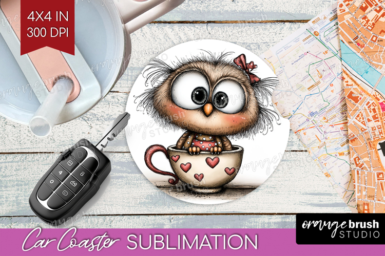 Owl Valentine Car Coaster Whimsical Animal Coaster PNG