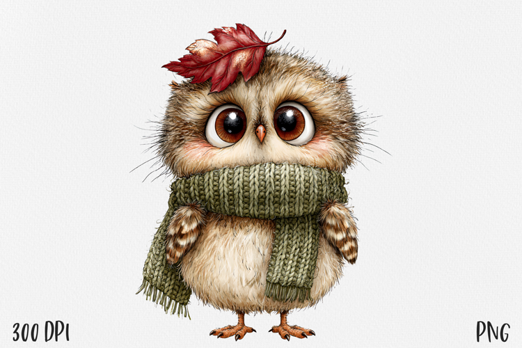 Owl PNG, Cute Woodland Bird Clipart, Cozy Green Scarf Fall