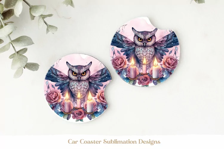 Owl Car Coasters | Watercolor Owl Sublimation Coaster Design
