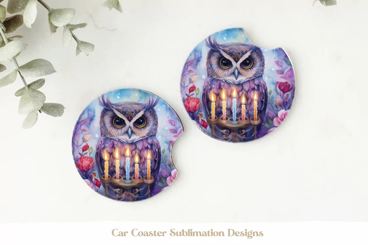 Owl Car Coasters | Watercolor Owl Sublimation Coaster Design
