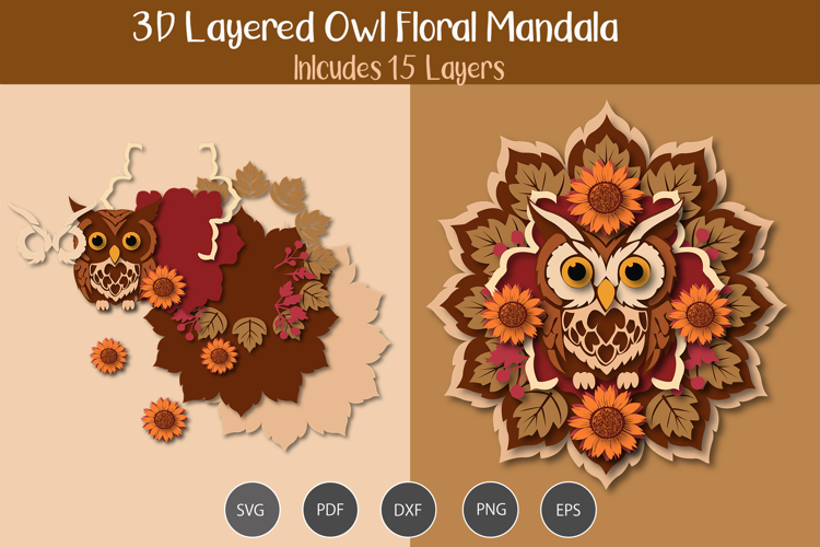 3D Layered Owl floral mandala