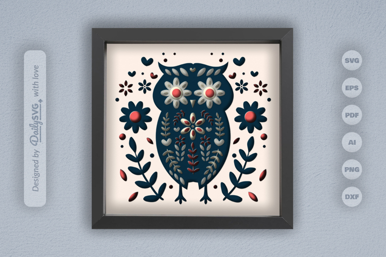 Cute Owl Folk Art Layered Papercut 3D Shadow Box