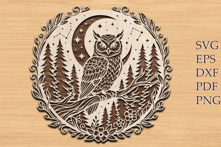 Owl Forest Moon Laser Cut SVG example image 1
