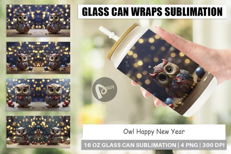Glass Can Wraps Owl Happy New Year