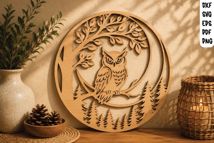 Owl in Forest Wooden Wall Art SVG