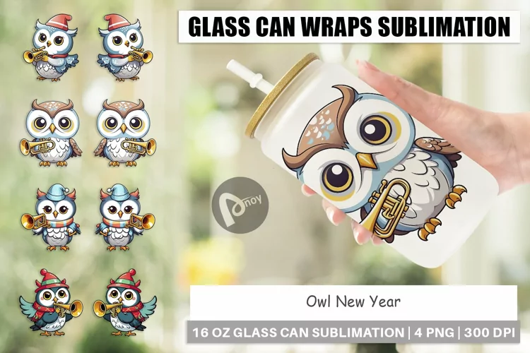 Glass Can Wraps Owl New Year
