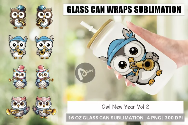 Glass Can Wraps Owl New Year