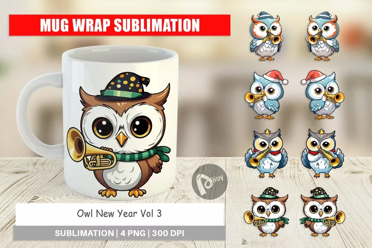 Mug Wrap Design Owl New Year