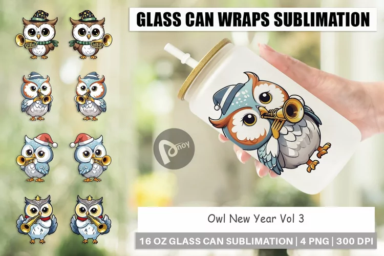 Glass Can Wraps Owl New Year