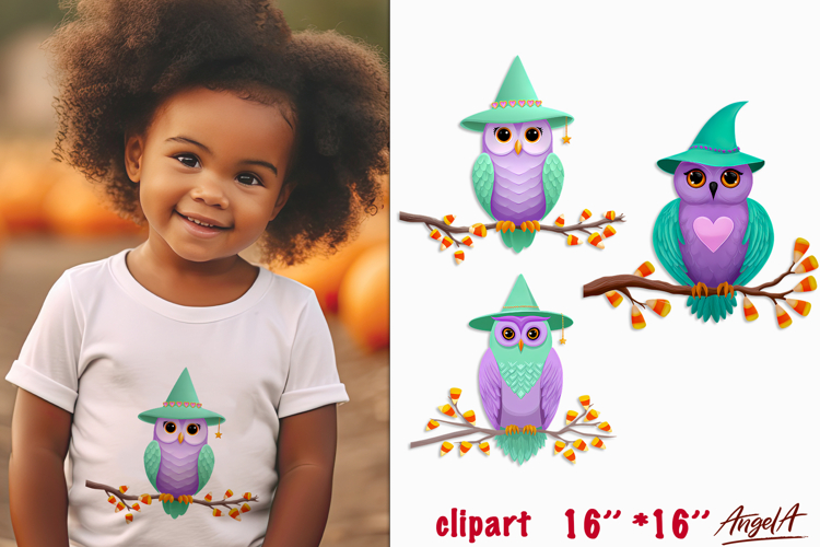 Cute owl with witch hat on branch Halloween clipart PNG