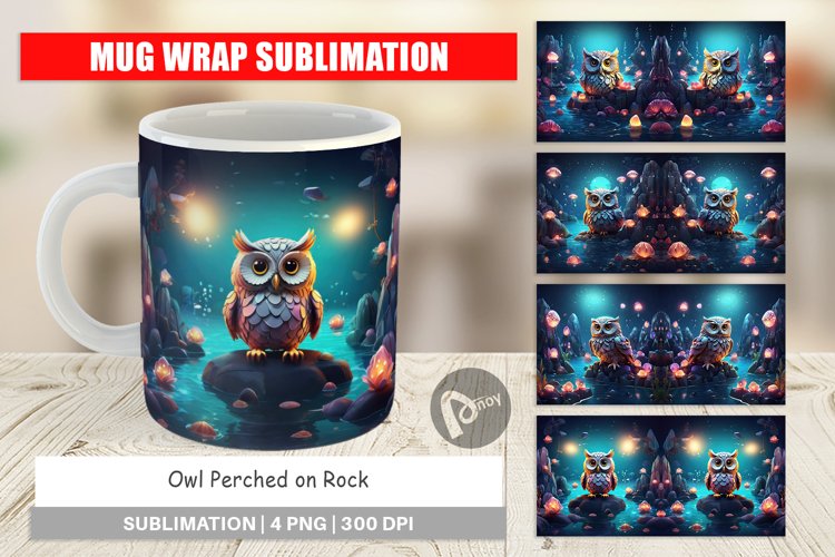 Mug Wrap Design Owl Perched on Rock