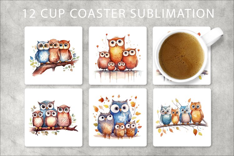 Owl Watercolor Square Coaster Bundle