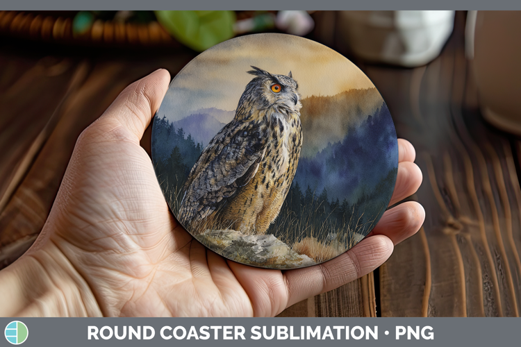 Eagle Owl Sunset Round Coaster Sublimation Design