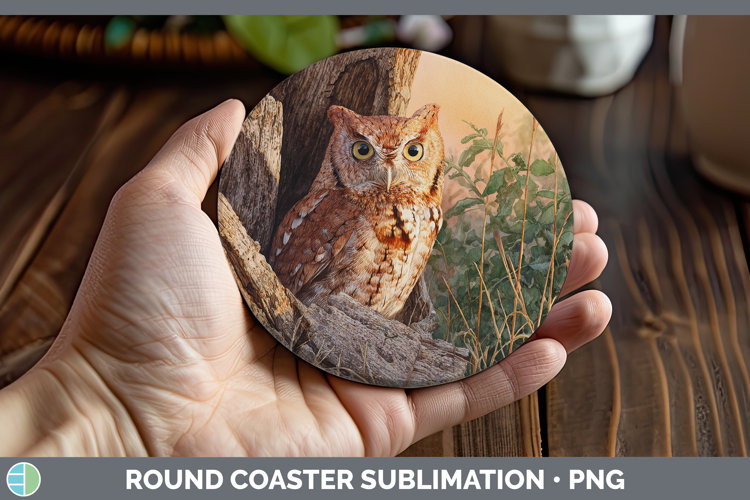 Eastern Screech Owl Sunset Round Coaster Sublimation Design