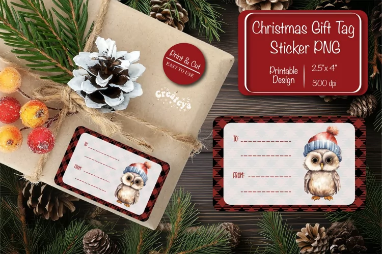 Christmas Gift Tag Stickers Owl Christmas tag printable PNG
