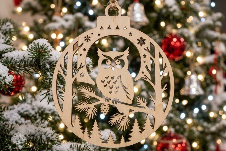 Owl Winter Christmas Ornament SVG, Holiday Laser Cut File example image 1