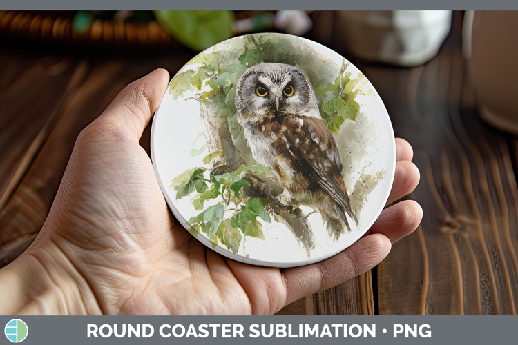 Boreal Owl Owls Sketch Round Coaster Sublimation Design