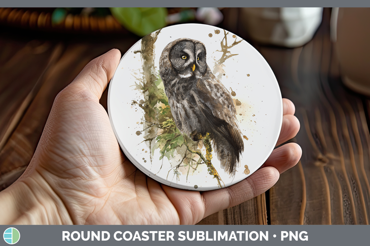 Great Gray Owl Owls Sketch Round Coaster Sublimation Design