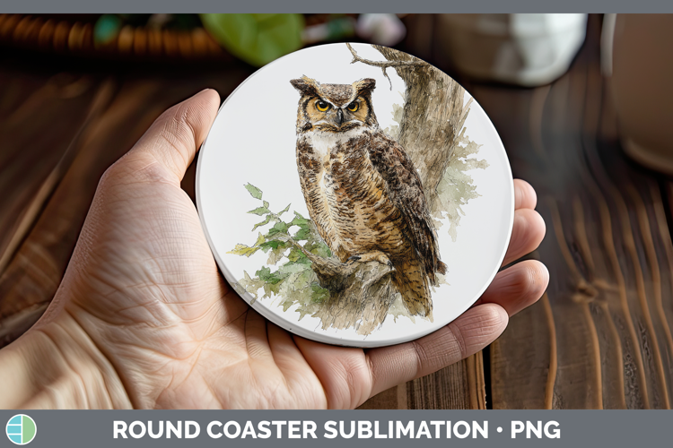 Great Horned Owl Owls Sketch Round Coaster Sublimation Desig
