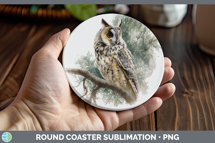 Long-eared Owl Owls Sketch Round Coaster Sublimation Design